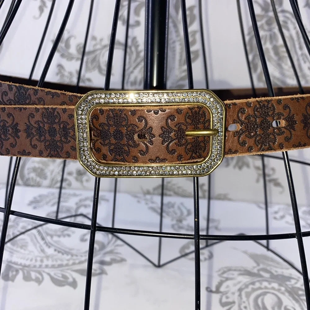 VINTAGE BLING BROWN BELT, ORNATE STAMPED‎ DESIGN LARGE